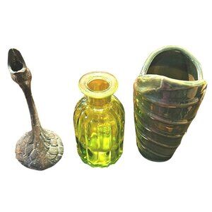 3 Green Decore Brass Gosling Figurine Pier 1 Glass Bottle Asian Ceramic Vase